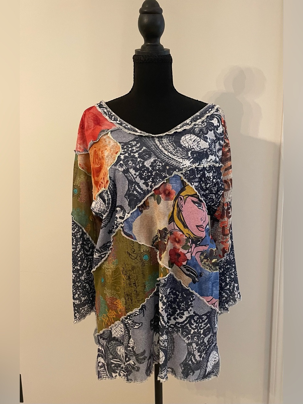 French Dressing Multicolor Patchwork Art to Wear Graphic Print Boho Blouse L